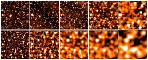 Herschel images of a 5’x5’ region of the GOODS-N ranging from 3.6μm (upper left) to 500μm (bottom-right)