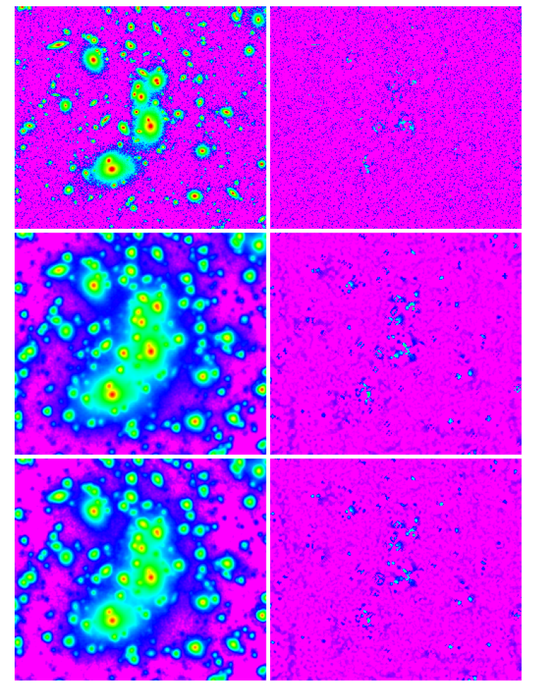 A2744 residuals after t-phot processing. Left to right, top to bottom: original and residual images of K, IRAC-CH1 and IRAC-CH2, in logarithmic scale.
